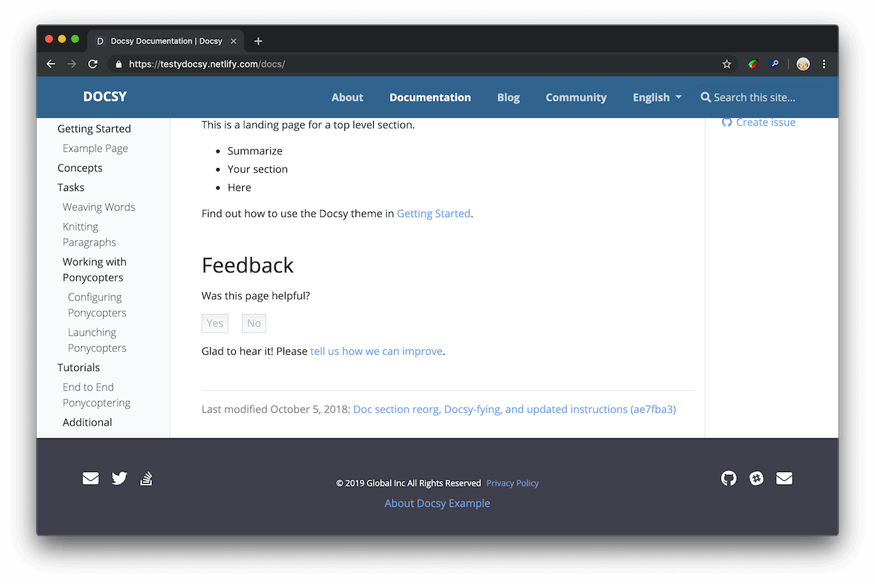 After clicking 'Yes' the widget responds with 'Glad to hear it!
            Please tell us how we can improve.' and the second sentence is a link which,
            when clicked, opens GitHub and lets the user create an issue on the
            documentation repository.